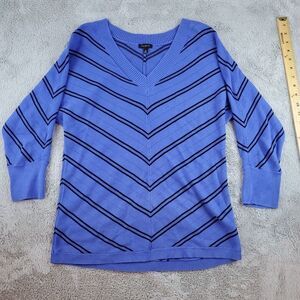 Talbots Cable Knit Sweater Womens Sz M Blue Striped‎ Long Sleeve Pullover V-Neck